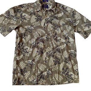 Pendleton Mens Hawaiian Aloha Shirt Gray With White Leaf Print Short Sleeve Size